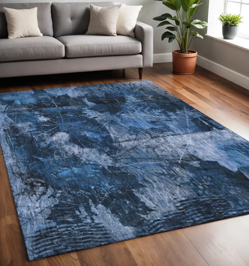 Navy Blue And Ivory Floral Washable Area Rug With UV Protection Photo 2