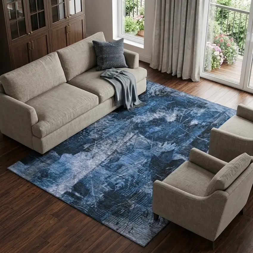 Navy Blue And Ivory Floral Washable Area Rug With UV Protection Photo 1