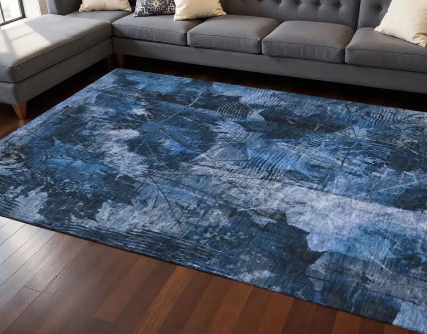 Navy Blue And Ivory Floral Washable Area Rug With UV Protection Photo 2