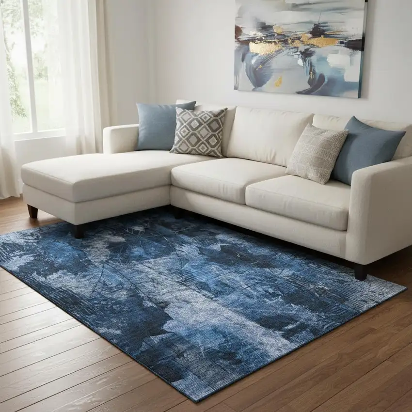 Navy Blue And Ivory Floral Washable Area Rug With UV Protection Photo 1