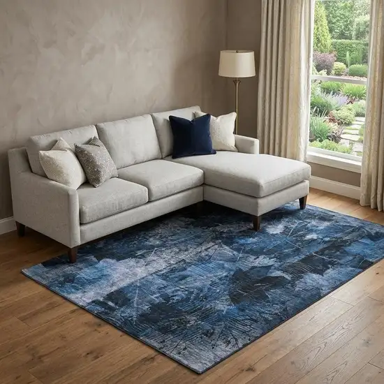 Navy Blue And Ivory Floral Washable Area Rug With UV Protection Photo 1