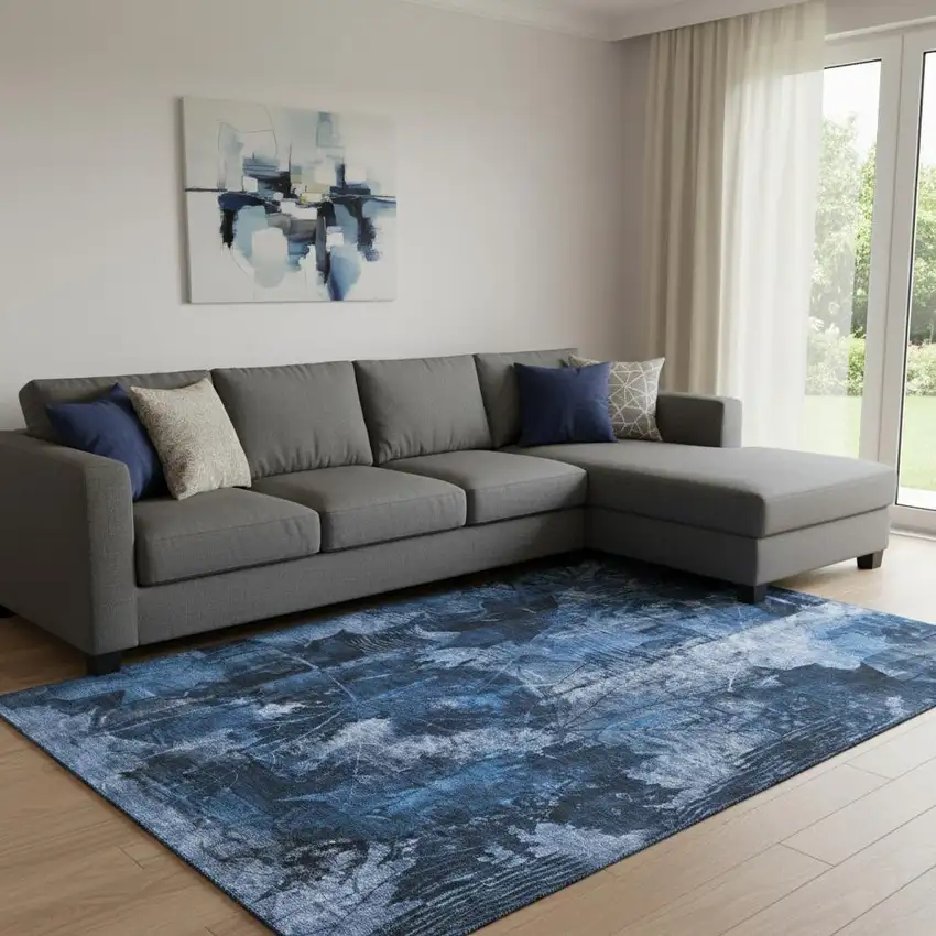 Navy Blue And Ivory Floral Washable Area Rug With UV Protection Photo 1