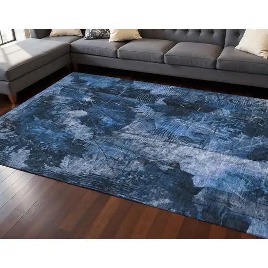 Navy Blue And Ivory Floral Washable Area Rug With UV Protection Photo 2