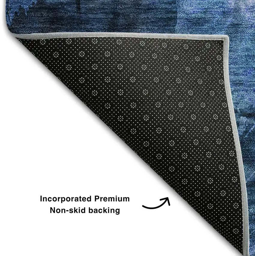 Navy Blue And Ivory Floral Washable Area Rug With UV Protection Photo 7