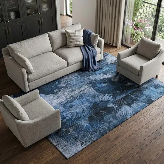 Navy Blue And Ivory Floral Washable Area Rug With UV Protection Photo 1