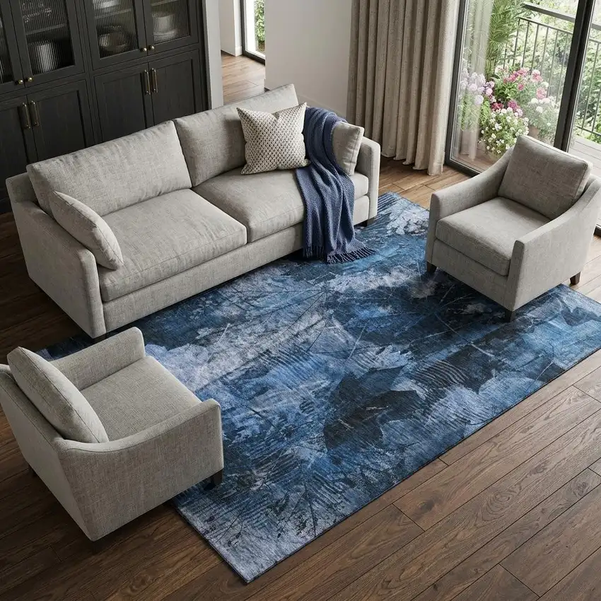 Navy Blue And Ivory Floral Washable Area Rug With UV Protection Photo 1