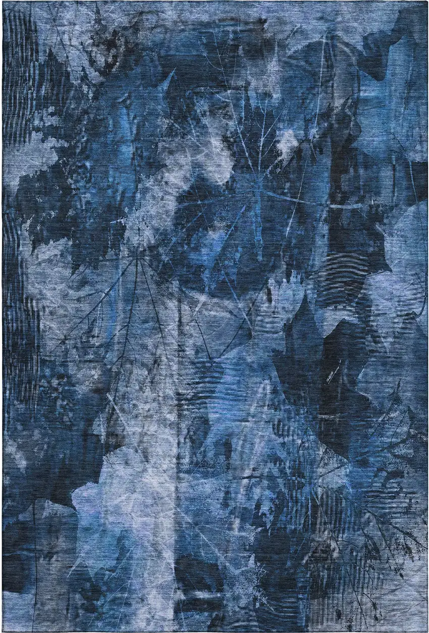 Navy Blue And Ivory Floral Washable Area Rug With UV Protection Photo 1