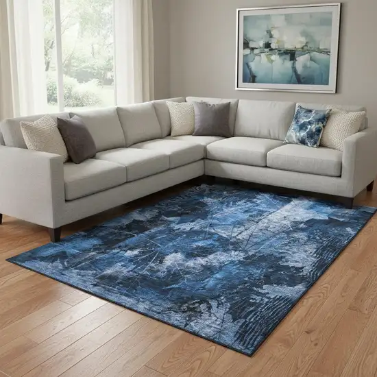 Navy Blue And Ivory Floral Washable Area Rug With UV Protection Photo 1