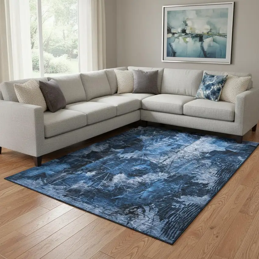 Navy Blue And Ivory Floral Washable Area Rug With UV Protection Photo 1