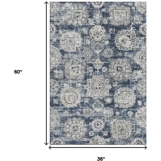 Navy Blue And Ivory Floral Washable Area Rug With UV Protection Photo 3