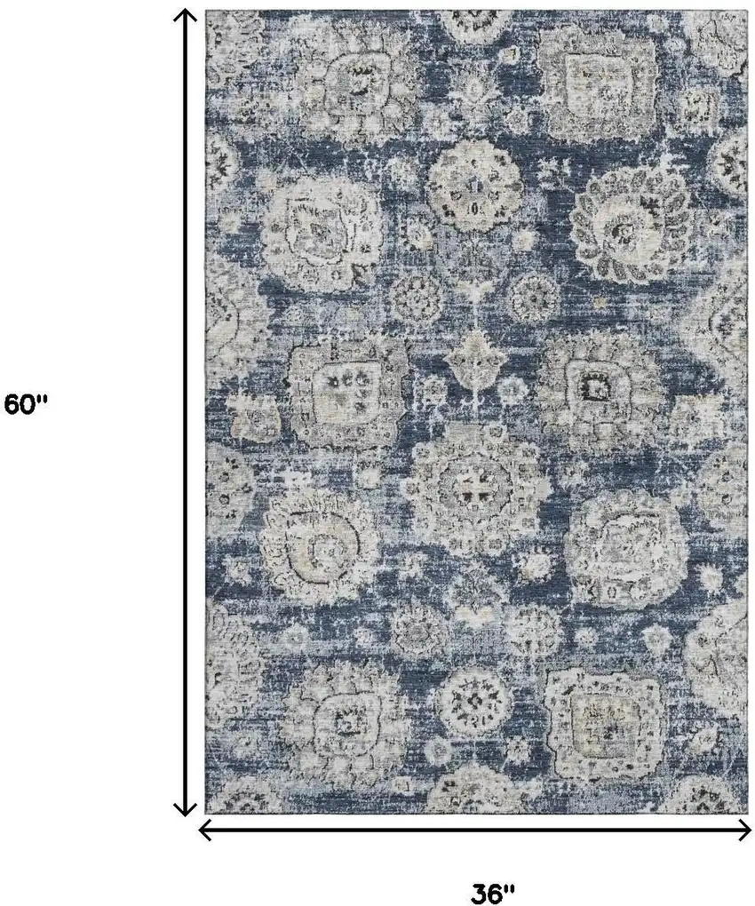 Navy Blue And Ivory Floral Washable Area Rug With UV Protection Photo 3
