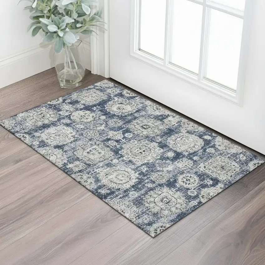 Navy Blue And Ivory Floral Washable Area Rug With UV Protection Photo 1
