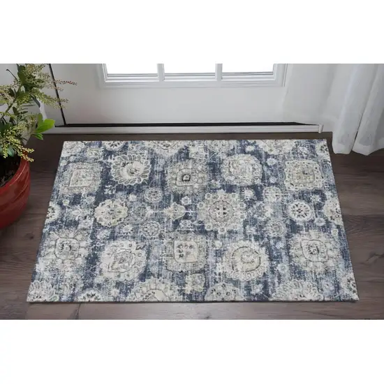 Navy Blue And Ivory Floral Washable Area Rug With UV Protection Photo 2