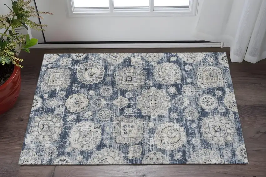 Navy Blue And Ivory Floral Washable Area Rug With UV Protection Photo 2