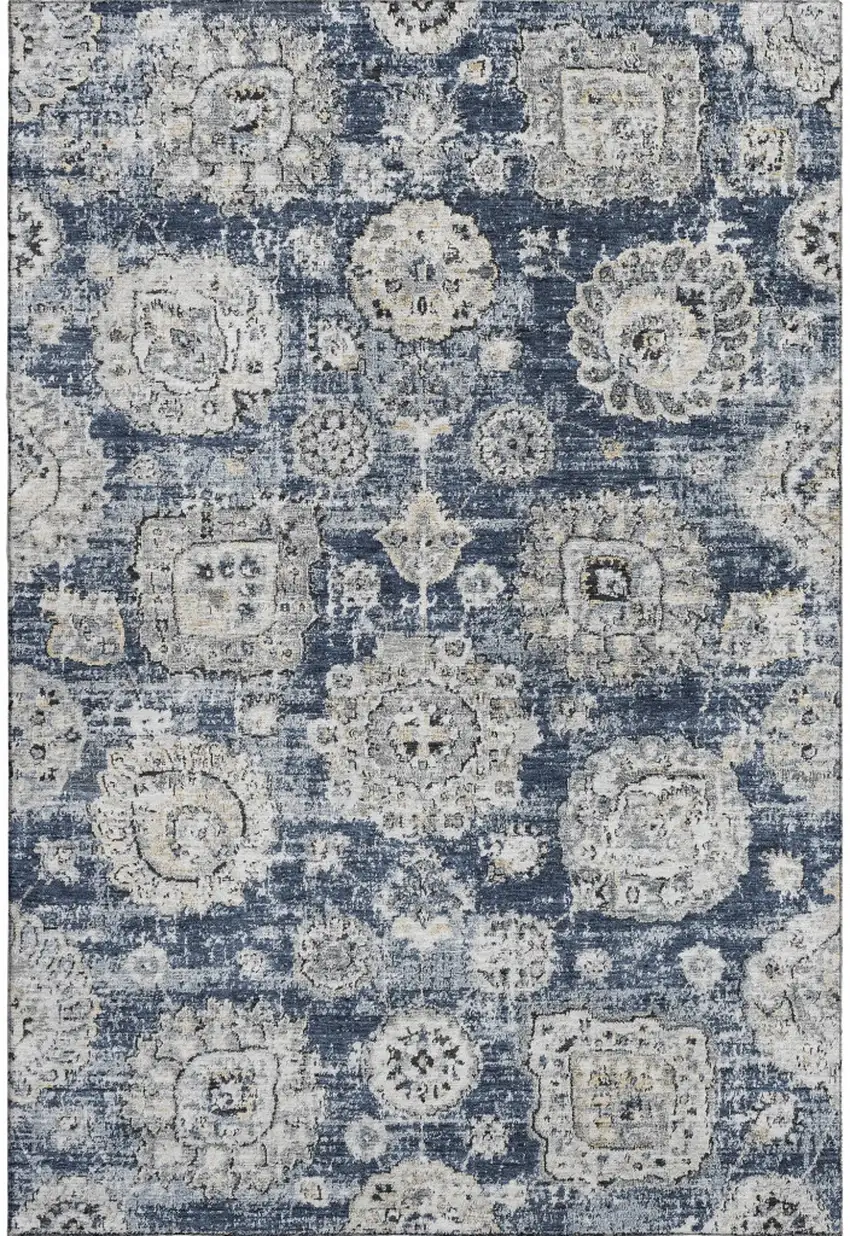 Navy Blue And Ivory Floral Washable Area Rug With UV Protection Photo 1