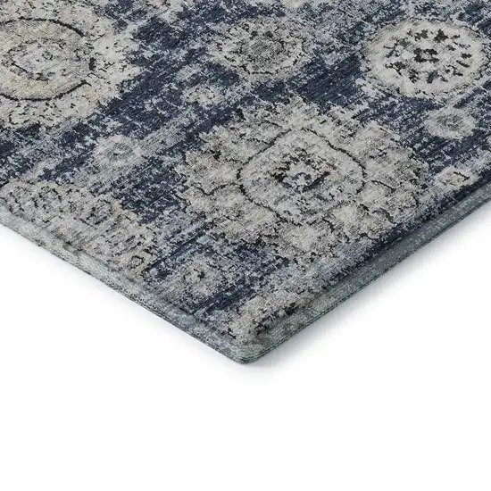 Navy Blue And Ivory Floral Washable Area Rug With UV Protection Photo 8