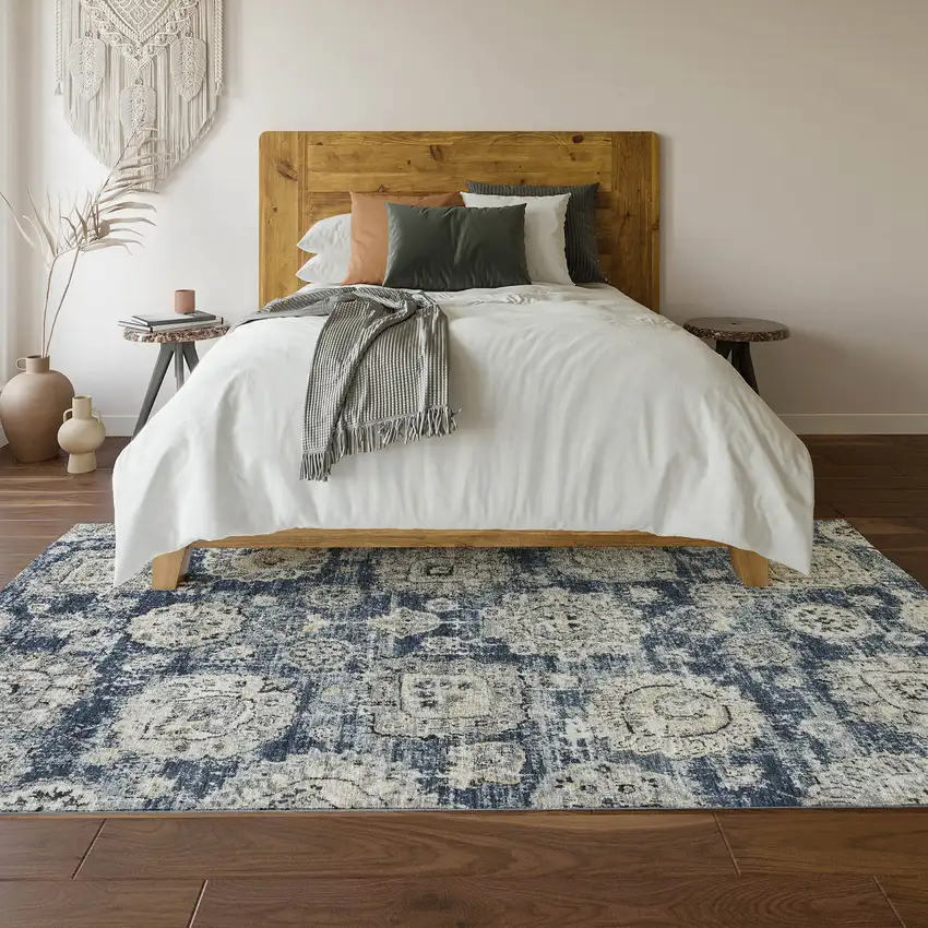 Navy Blue And Ivory Floral Washable Area Rug With UV Protection Photo 6