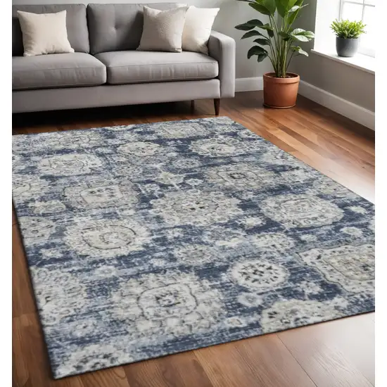 Navy Blue And Ivory Floral Washable Area Rug With UV Protection Photo 2