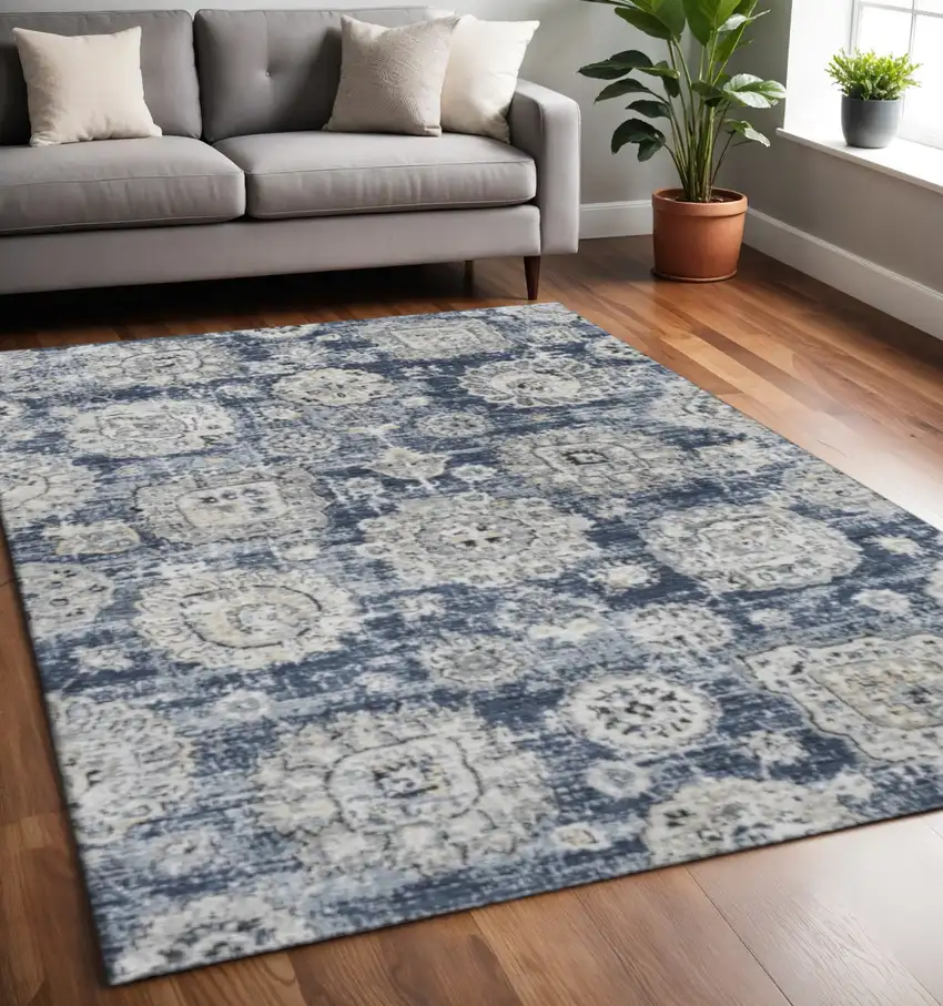 Navy Blue And Ivory Floral Washable Area Rug With UV Protection Photo 2