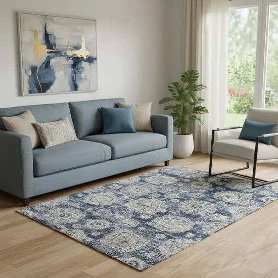 Navy Blue And Ivory Floral Washable Area Rug With UV Protection Photo 1