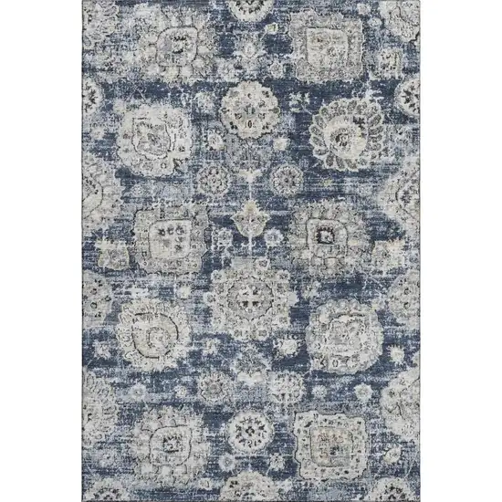 Navy Blue And Ivory Floral Washable Area Rug With UV Protection Photo 1