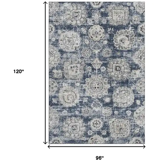 Navy Blue And Ivory Floral Washable Area Rug With UV Protection Photo 3