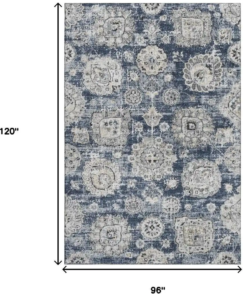 Navy Blue And Ivory Floral Washable Area Rug With UV Protection Photo 3