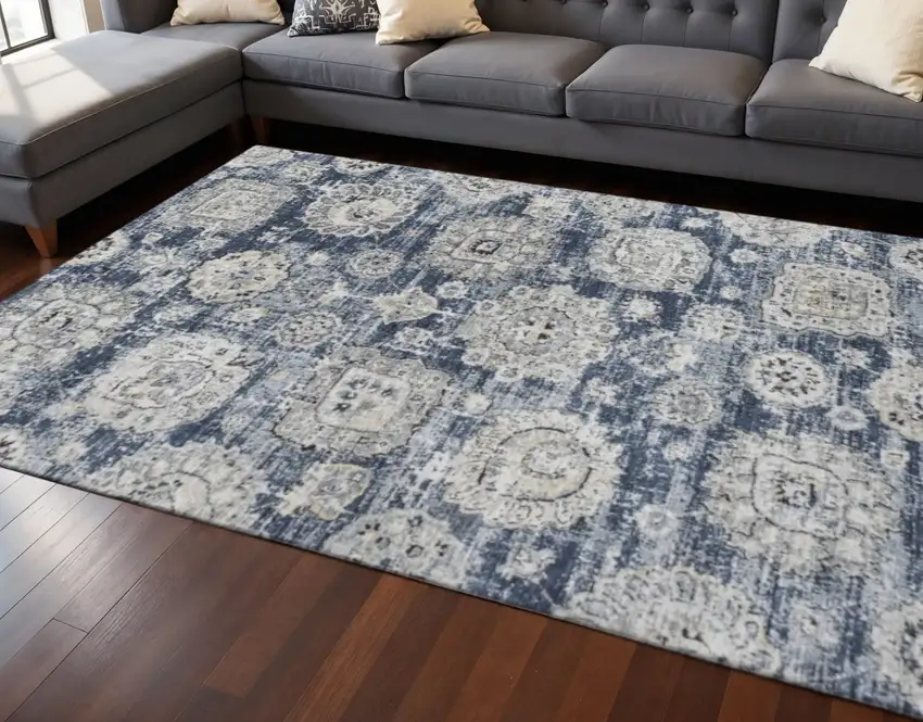 Navy Blue And Ivory Floral Washable Area Rug With UV Protection Photo 2