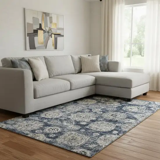 Navy Blue And Ivory Floral Washable Area Rug With UV Protection Photo 1