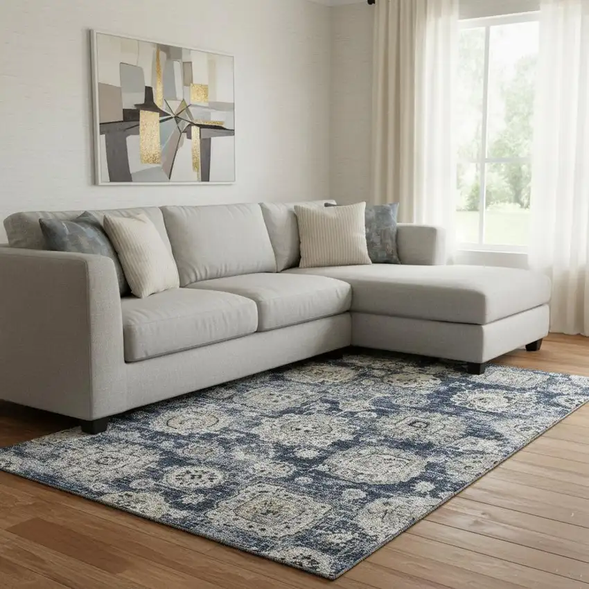 Navy Blue And Ivory Floral Washable Area Rug With UV Protection Photo 1