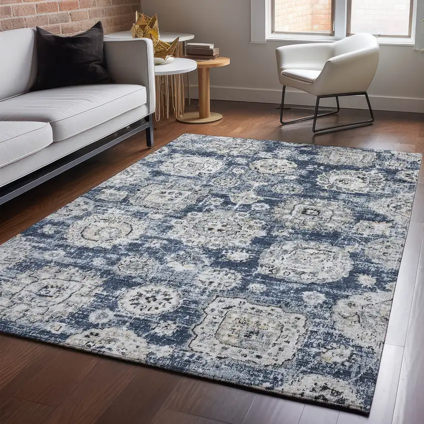 Navy Blue And Ivory Floral Washable Area Rug With UV Protection Photo 5