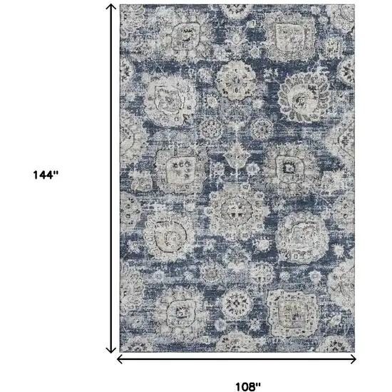 Navy Blue And Ivory Floral Washable Area Rug With UV Protection Photo 3