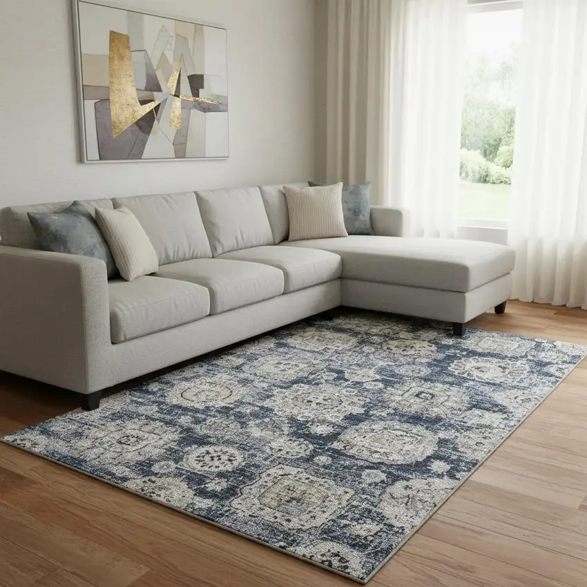 Navy Blue And Ivory Floral Washable Area Rug With UV Protection Photo 1