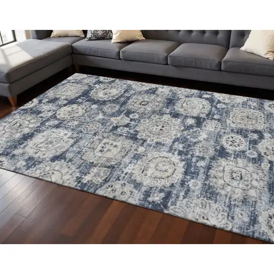 Navy Blue And Ivory Floral Washable Area Rug With UV Protection Photo 2