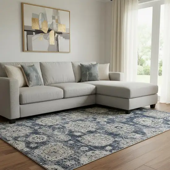 Navy Blue And Ivory Floral Washable Area Rug With UV Protection Photo 1