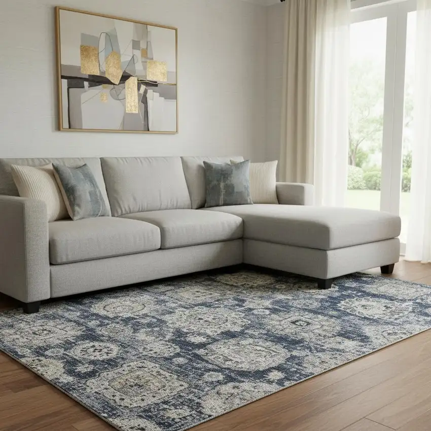 Navy Blue And Ivory Floral Washable Area Rug With UV Protection Photo 1