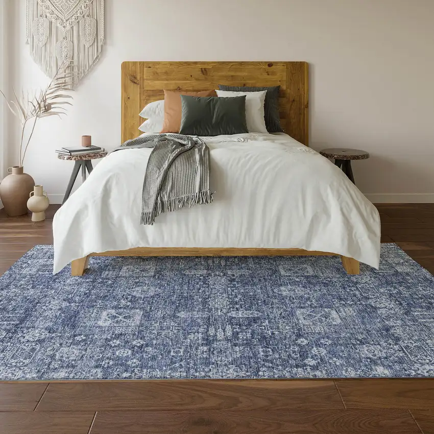 Navy Blue And Ivory Floral Washable Area Rug With UV Protection Photo 6