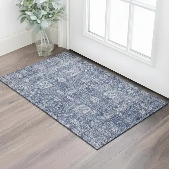 Navy Blue And Ivory Floral Washable Area Rug With UV Protection Photo 1