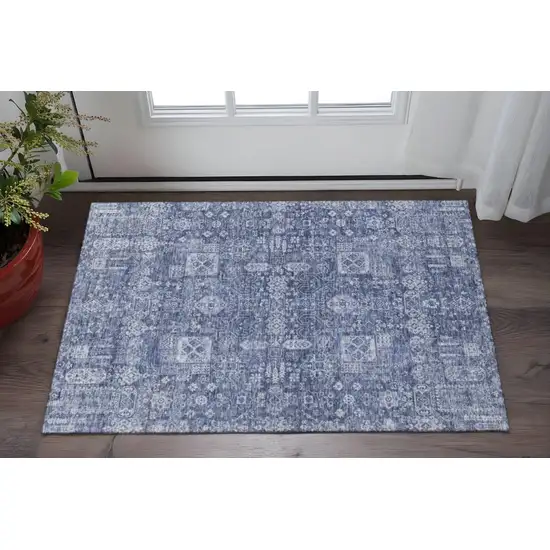 Navy Blue And Ivory Floral Washable Area Rug With UV Protection Photo 2