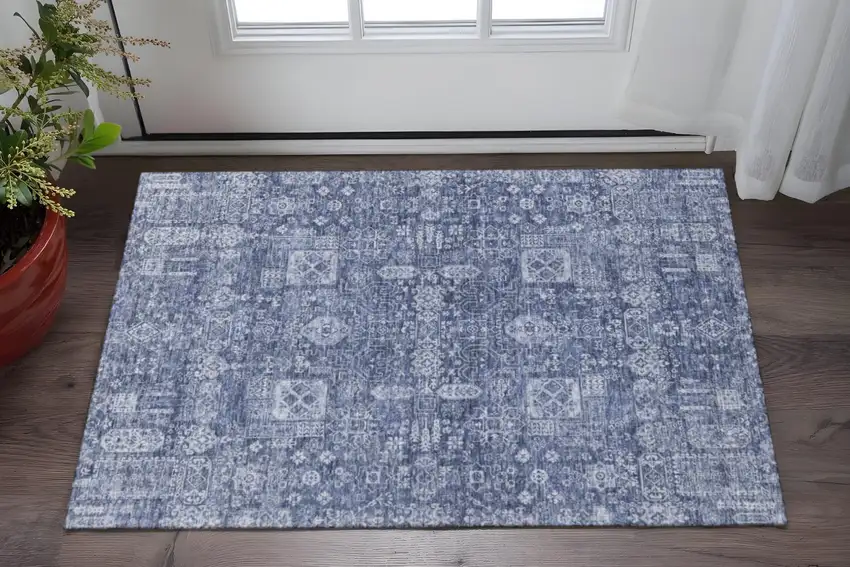 Navy Blue And Ivory Floral Washable Area Rug With UV Protection Photo 2