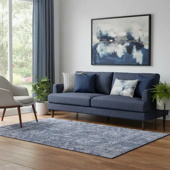 Navy Blue And Ivory Floral Washable Area Rug With UV Protection Photo 1