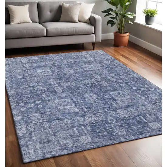Navy Blue And Ivory Floral Washable Area Rug With UV Protection Photo 2