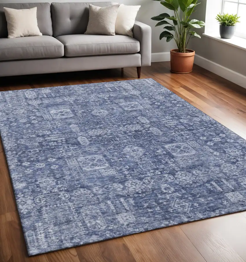 Navy Blue And Ivory Floral Washable Area Rug With UV Protection Photo 2