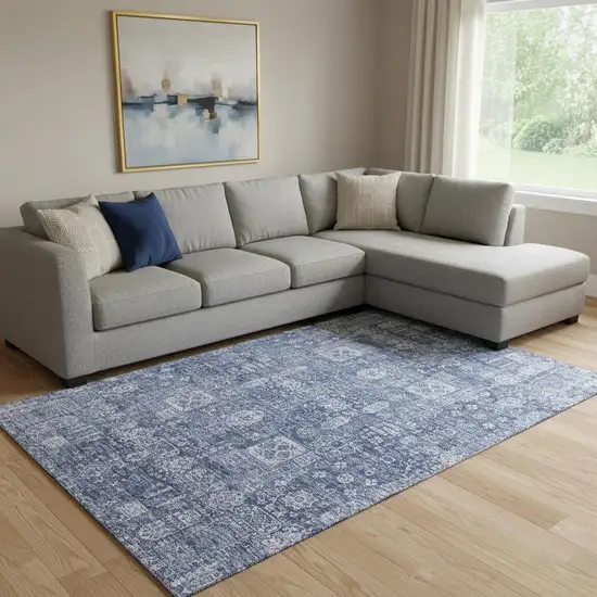 Navy Blue And Ivory Floral Washable Area Rug With UV Protection Photo 1