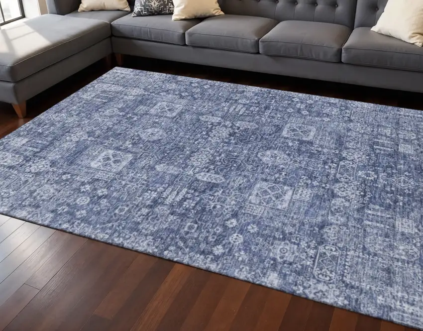 Navy Blue And Ivory Floral Washable Area Rug With UV Protection Photo 2