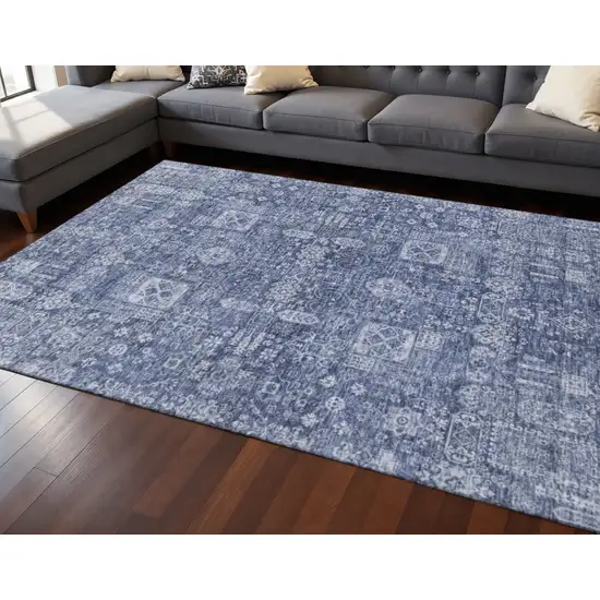 Navy Blue And Ivory Floral Washable Area Rug With UV Protection Photo 2