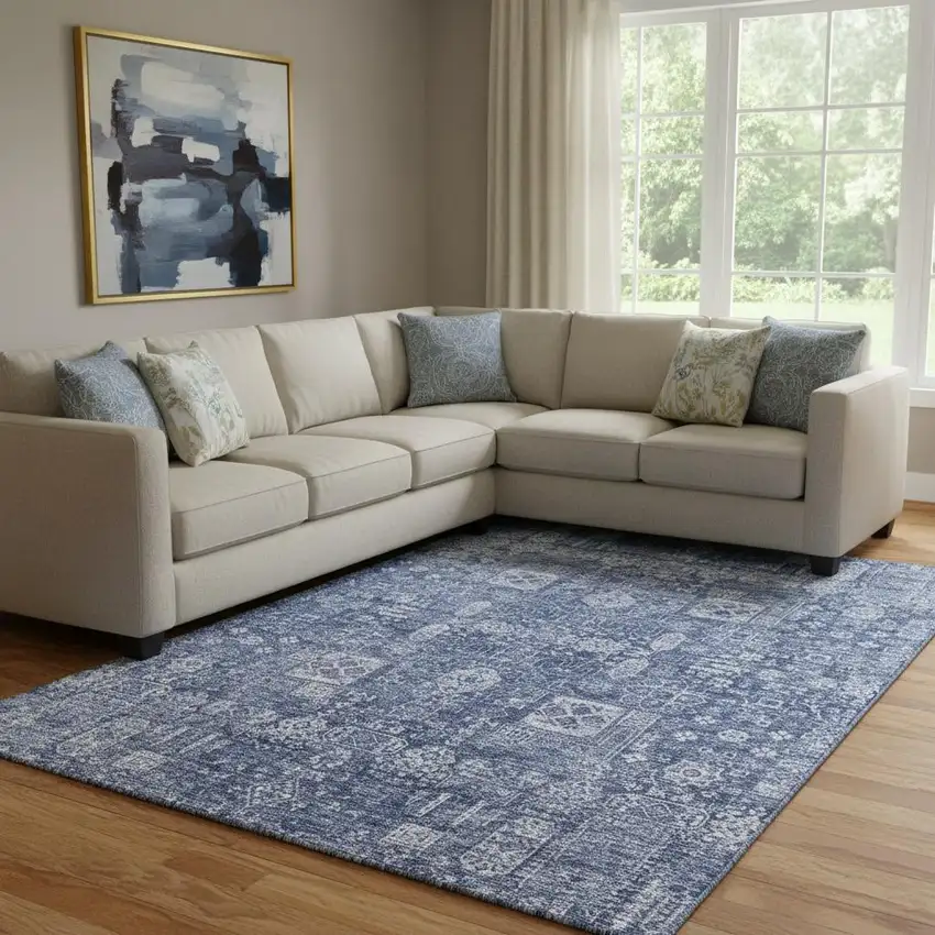 Navy Blue And Ivory Floral Washable Area Rug With UV Protection Photo 1