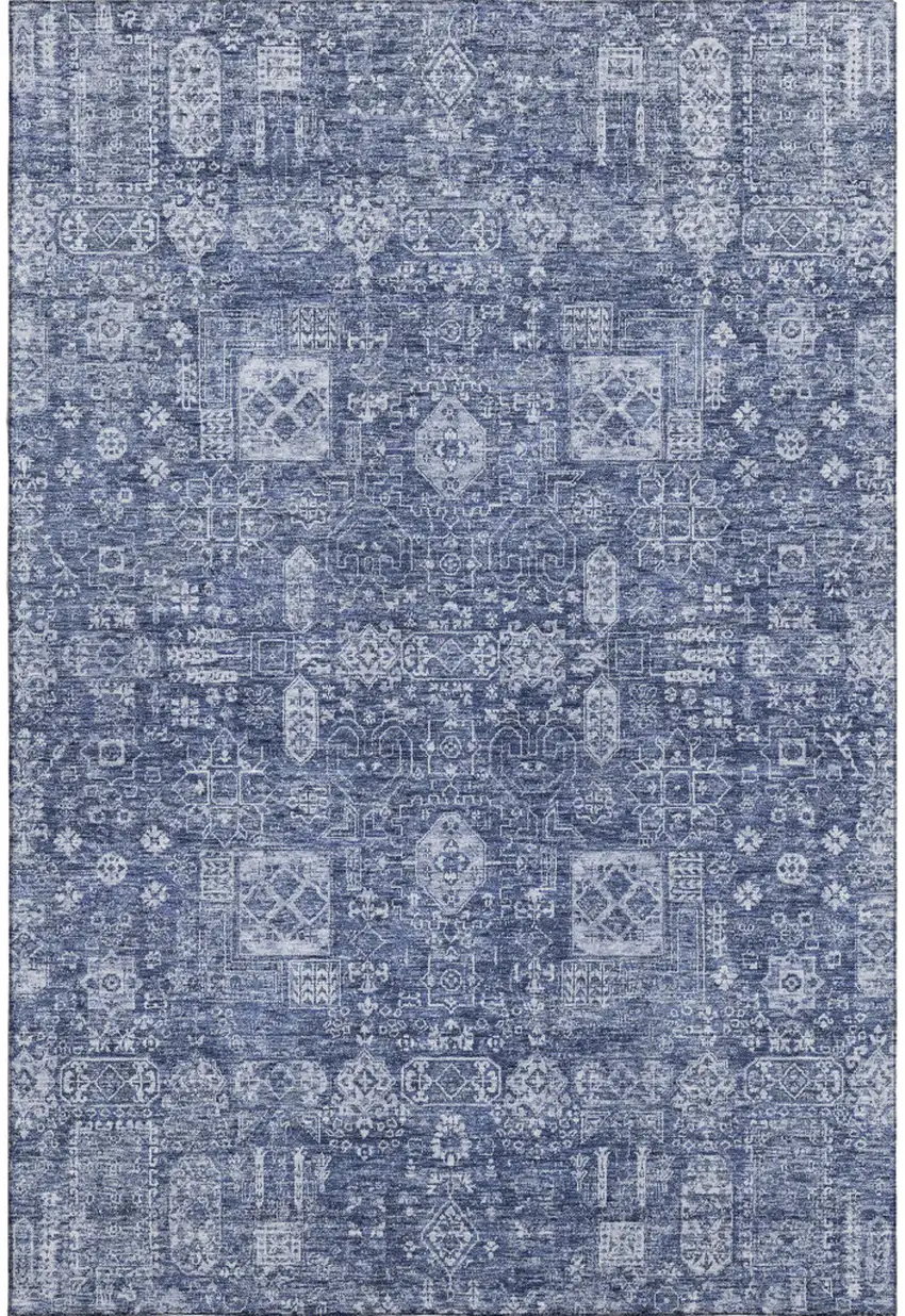 Navy Blue And Ivory Floral Washable Area Rug With UV Protection Photo 1