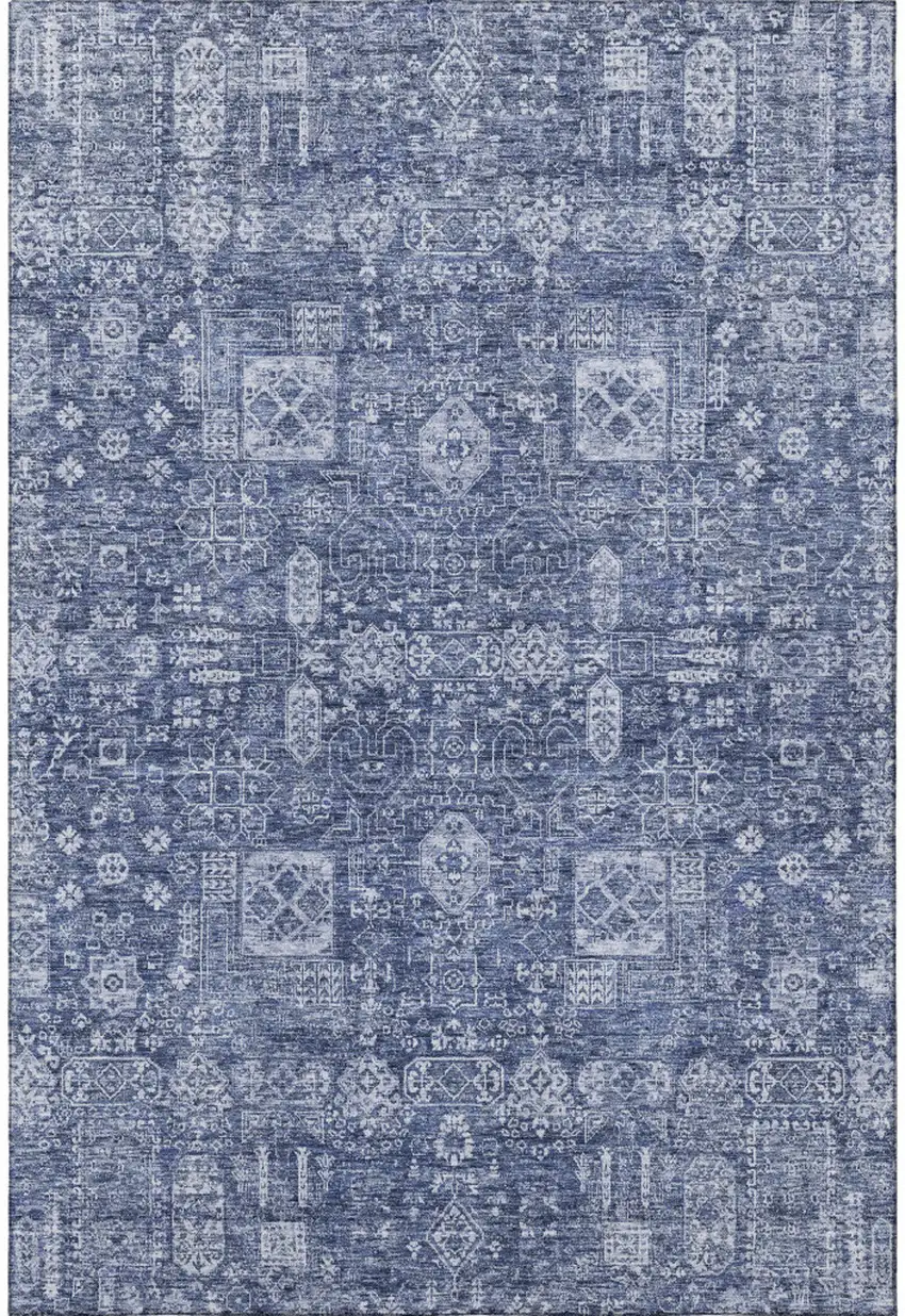 Navy Blue And Ivory Floral Washable Area Rug With UV Protection Photo 3