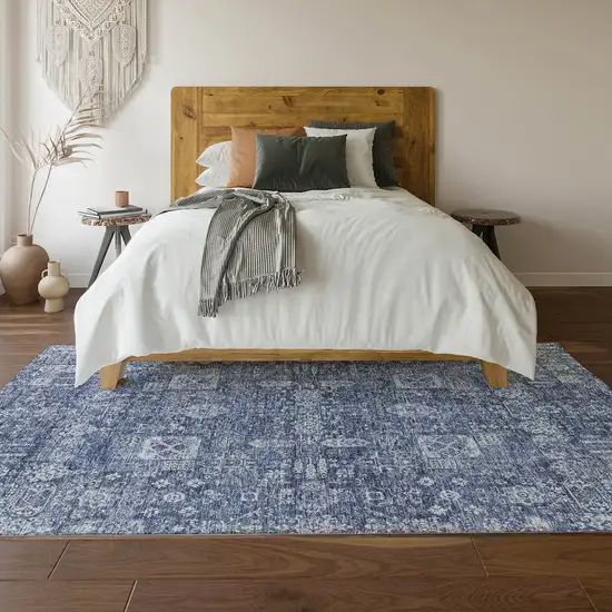 Navy Blue And Ivory Floral Washable Area Rug With UV Protection Photo 5